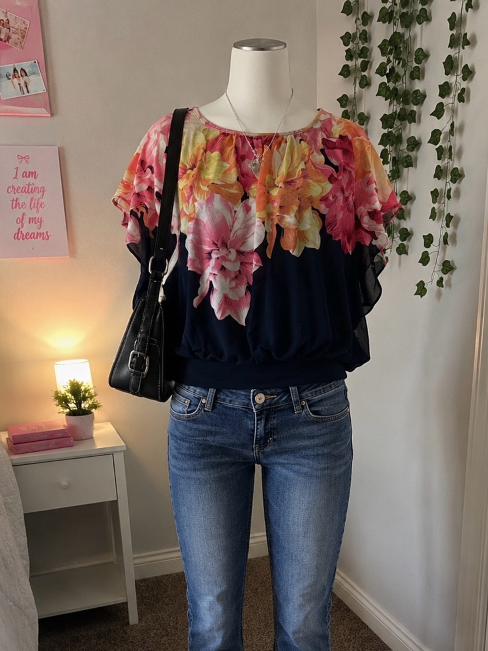 JM Collection Navy Floral Blouson Top with Pink and Yellow Blooms
